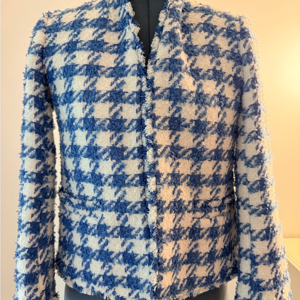 Ann Taylor Blue and White Houndstooth Bouclé Jacket